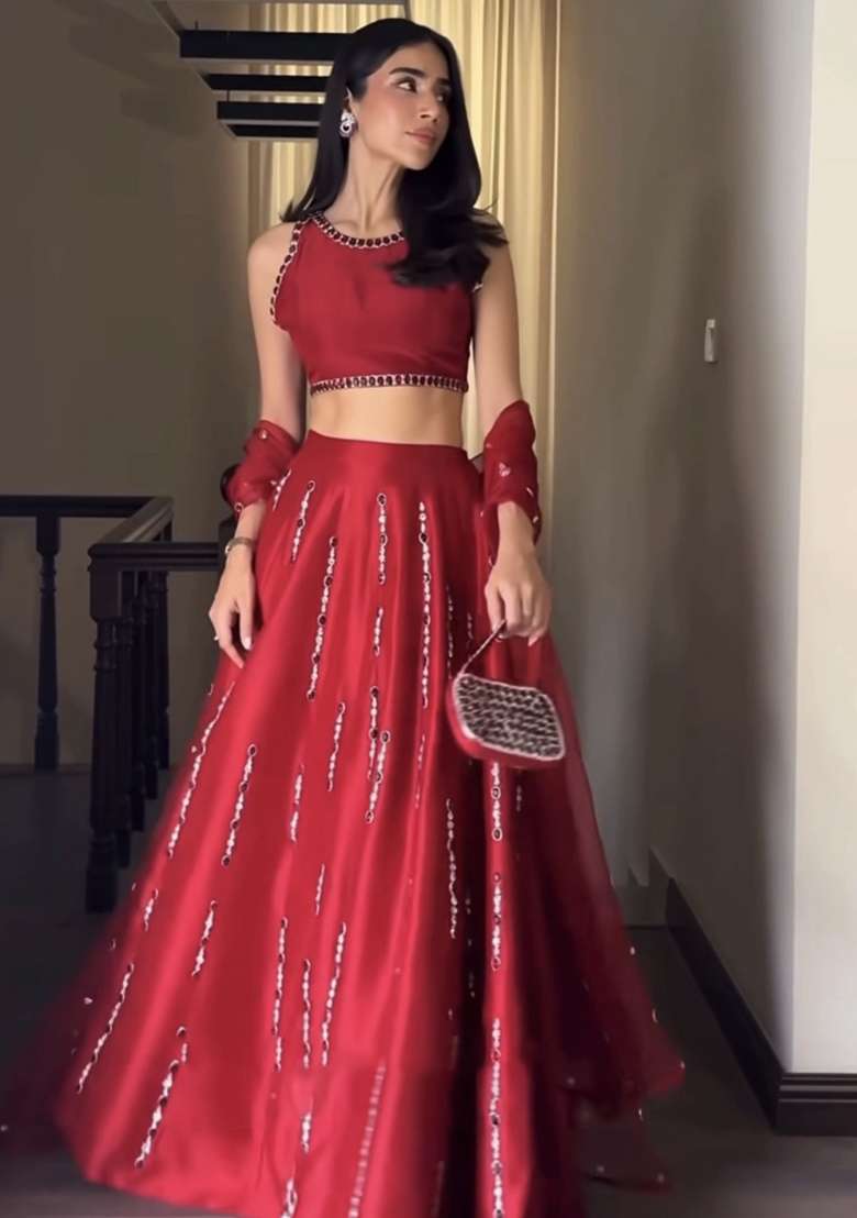 Red Embroidery Silk Blend Lehenga Set for Diwali and Festive Wear - Indya