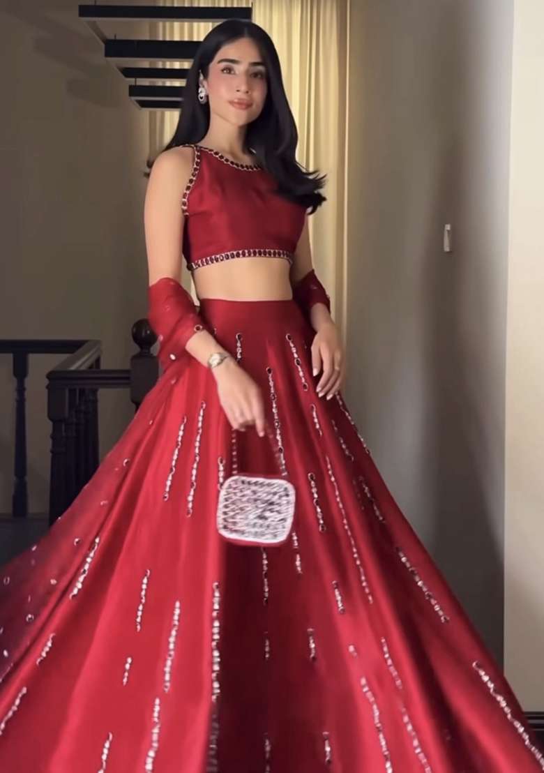 Red Embroidery Silk Blend Lehenga Set for Diwali and Festive Wear - Indya