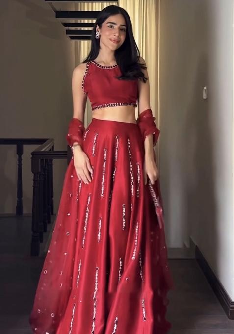 Red Embroidery Silk Lehenga Set