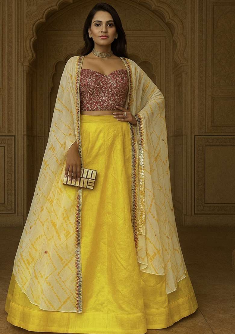 Yellow Silk Blend Lehenga Set with Embroidery for Diwali | Wedding & Festive Wear - Indya