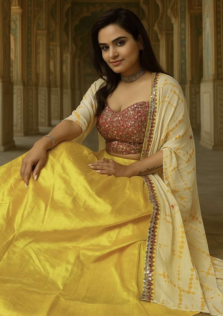 Yellow Silk Blend Lehenga Set with Embroidery for Diwali | Wedding & Festive Wear - Indya