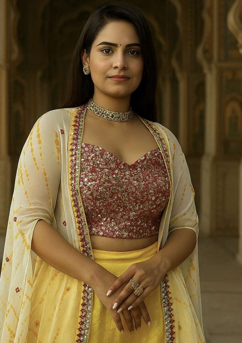 Yellow Silk Blend Lehenga Set with Embroidery for Diwali | Wedding & Festive Wear - Indya