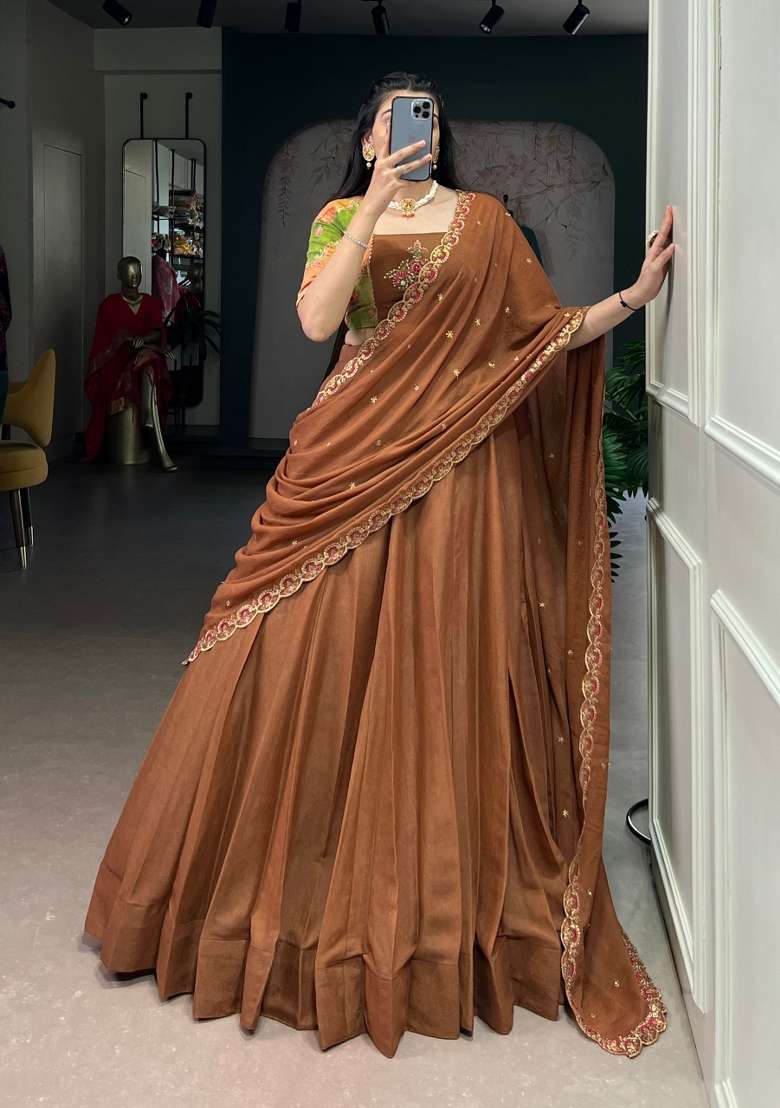 Brown Poly Blended Lehenga Set with Embroidery for Diwali | Wedding & Festive Wear - Indya