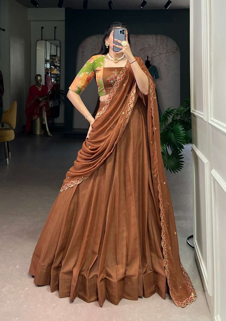 Brown Poly Blended Lehenga Set with Embroidery for Diwali | Wedding & Festive Wear - Indya