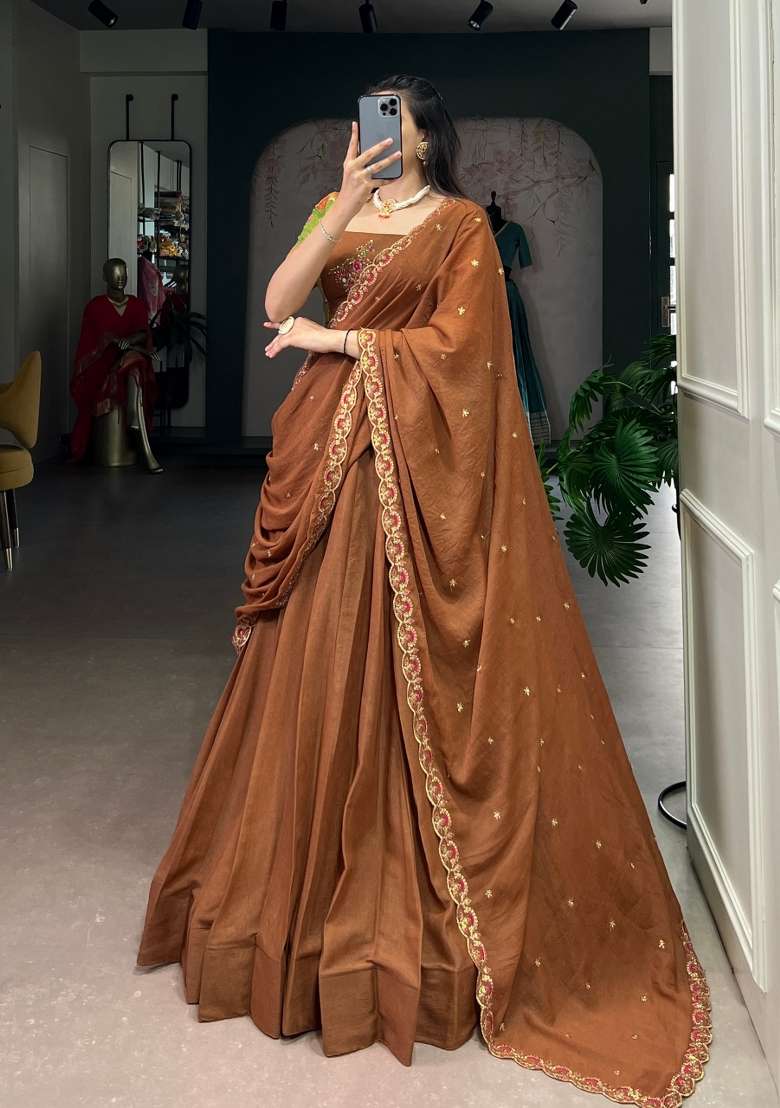 Brown Poly Blended Lehenga Set with Embroidery for Diwali | Wedding & Festive Wear - Indya