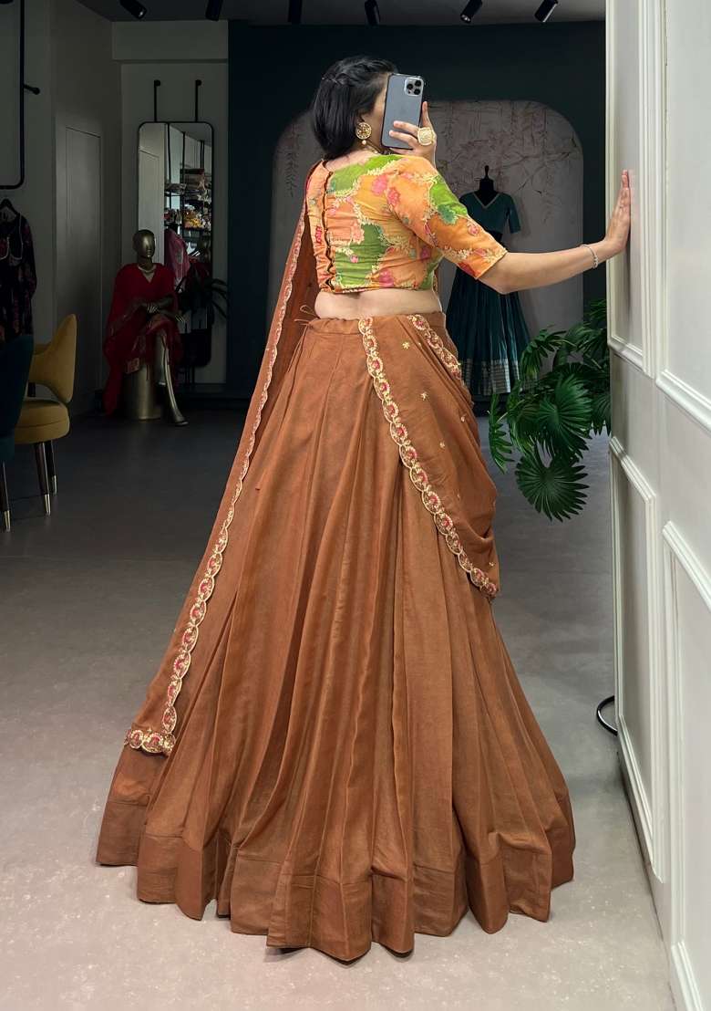 Brown Poly Blended Lehenga Set with Embroidery for Diwali | Wedding & Festive Wear - Indya