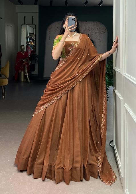 Brown Embroidery Poly Blended Lehenga Set