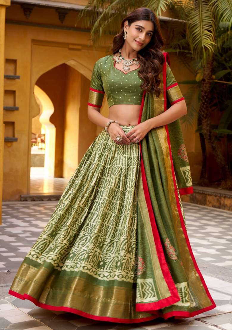 Mehndi Embroidery Silk Blend Lehenga Set for Diwali and Festive Wear - Indya