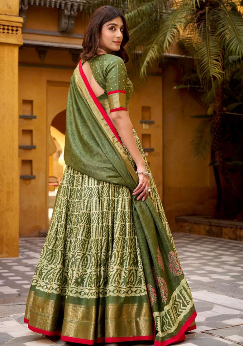 Mehndi Embroidery Silk Blend Lehenga Set for Diwali and Festive Wear - Indya