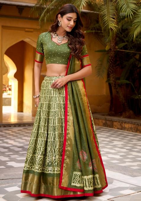 Mehndi Embroidery Silk Lehenga Set