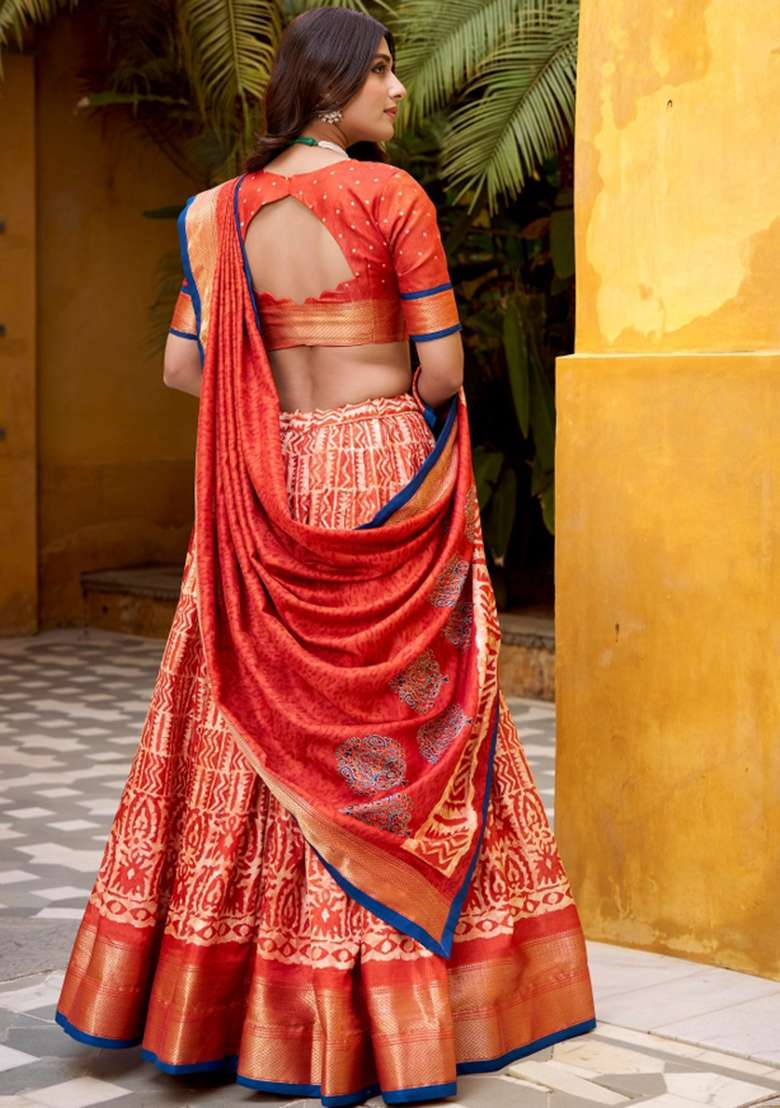Orange Silk Blend Lehenga Set with Embroidery for Diwali | Wedding & Festive Wear - Indya