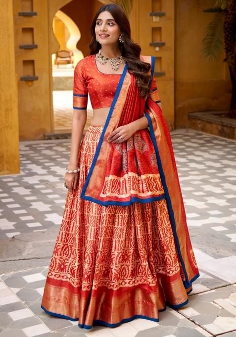 Orange Embroidery Silk Lehenga Set