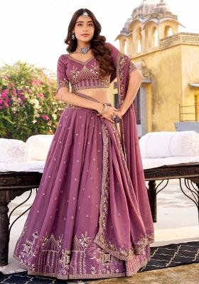 Lavender Embroidery Poly Blended Lehenga Set