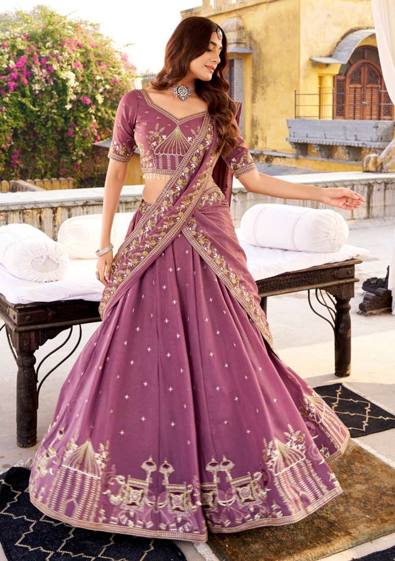 Lavender Embroidery Poly Blended Lehenga Set for Diwali and Festive Wear - Indya