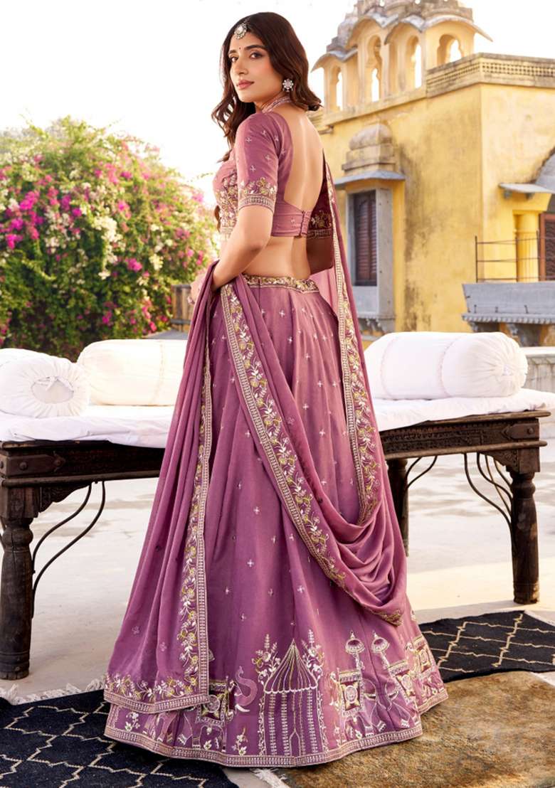 Lavender Embroidery Poly Blended Lehenga Set for Diwali and Festive Wear - Indya
