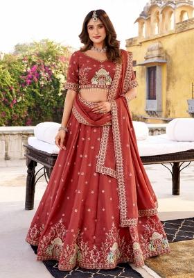 Orange Embroidery Poly Blended Lehenga Set