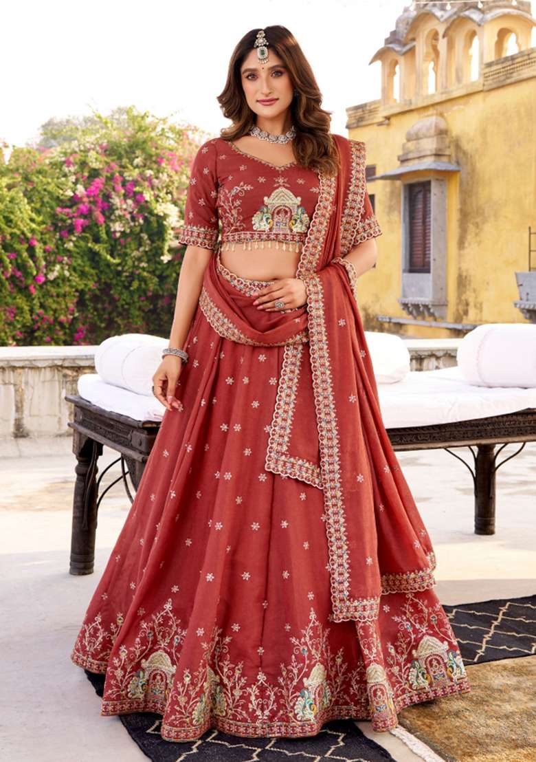 Orange Embroidery Poly Blended Lehenga Set for Diwali and Festive Wear - Indya