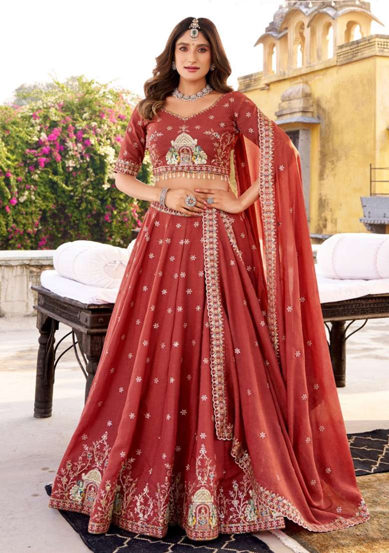 Orange Embroidery Poly Blended Lehenga Set for Diwali and Festive Wear - Indya