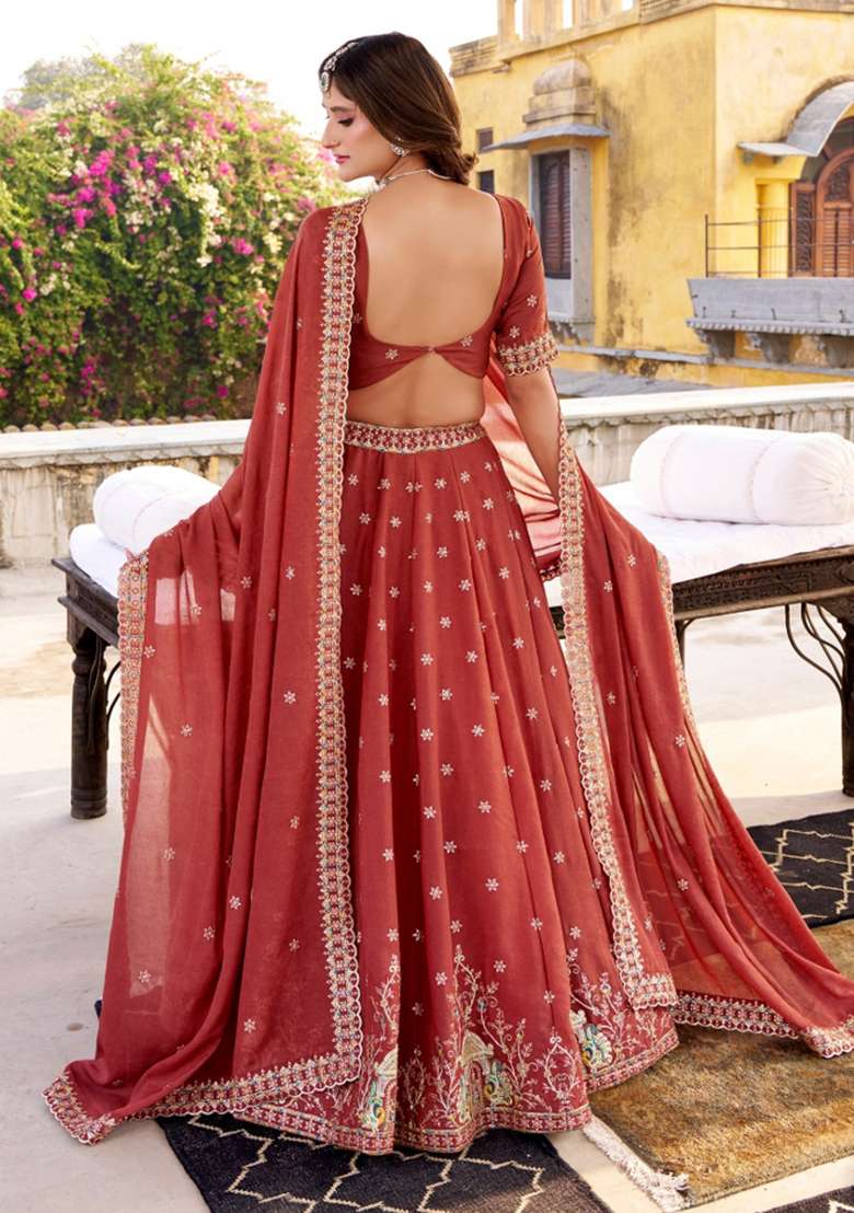 Orange Embroidery Poly Blended Lehenga Set for Diwali and Festive Wear - Indya