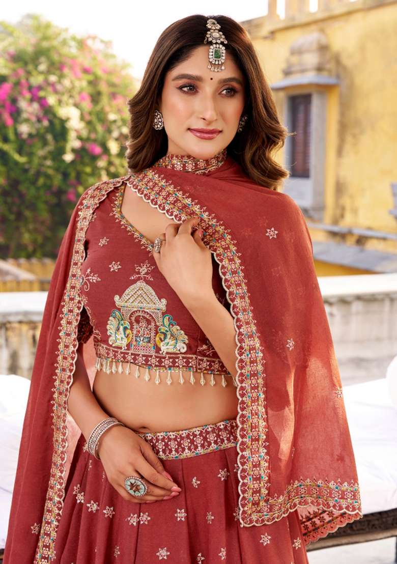 Orange Embroidery Poly Blended Lehenga Set for Diwali and Festive Wear - Indya