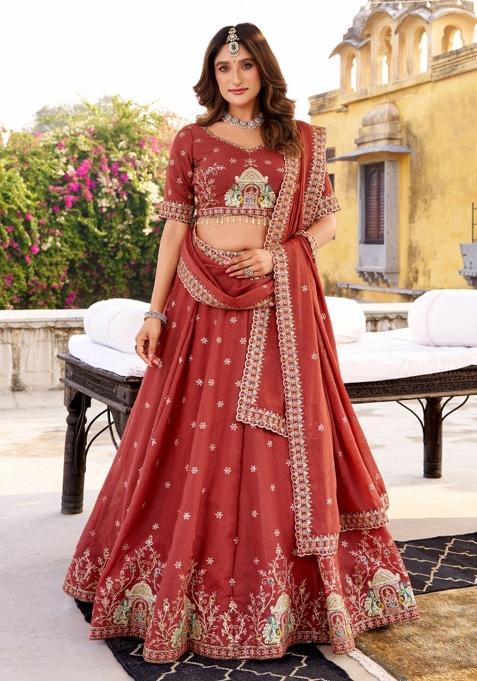 Orange Embroidery Poly Blended Lehenga Set