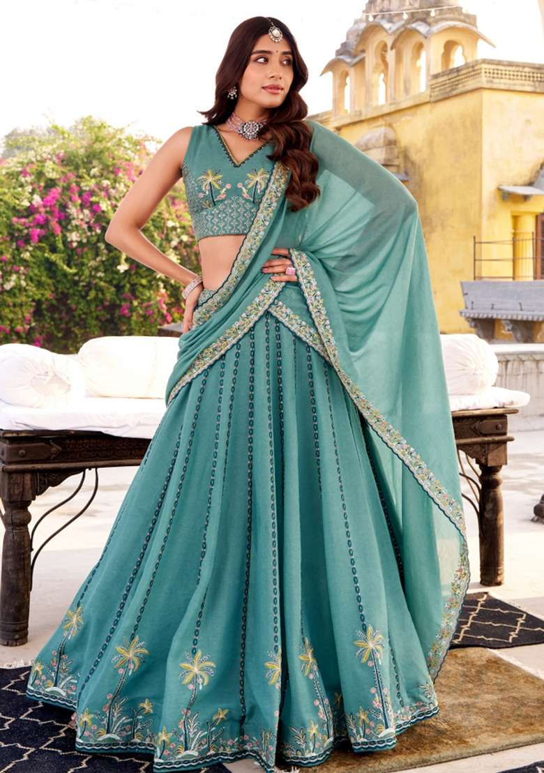 Sky Blue Embroidery Poly Blended Lehenga Set for Diwali and Festive Wear - Indya