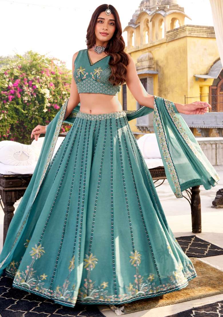 Sky Blue Embroidery Poly Blended Lehenga Set for Diwali and Festive Wear - Indya