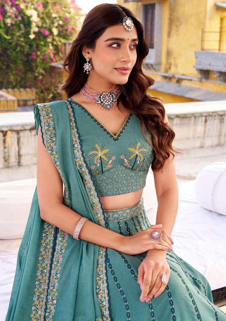 Sky Blue Embroidery Poly Blended Lehenga Set for Diwali and Festive Wear - Indya