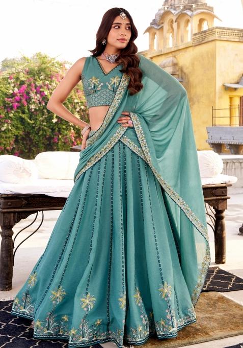 Sky Blue Embroidery Poly Blended Lehenga Set