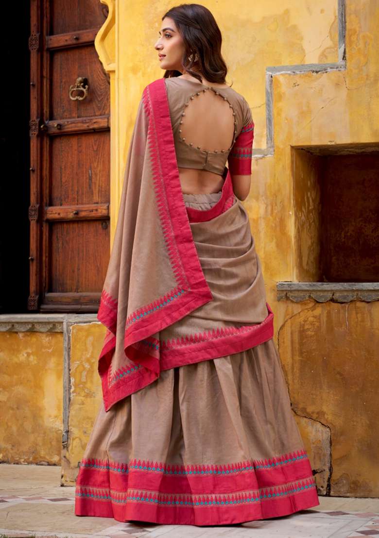 Chiku Chanderi Lehenga Set with Embroidery for Diwali | Wedding & Festive Wear - Indya