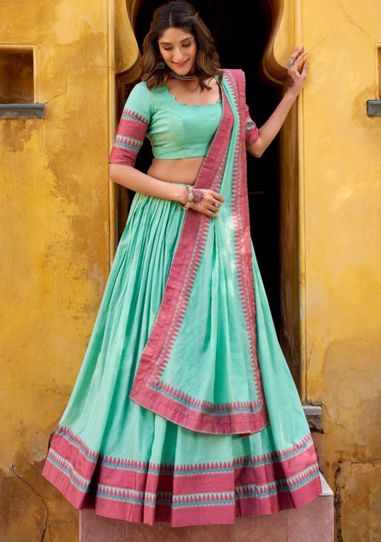 Sky Blue Chanderi Lehenga Set with Embroidery for Diwali | Wedding & Festive Wear - Indya
