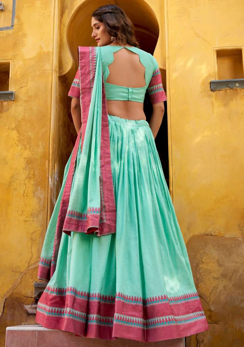 Sky Blue Chanderi Lehenga Set with Embroidery for Diwali | Wedding & Festive Wear - Indya