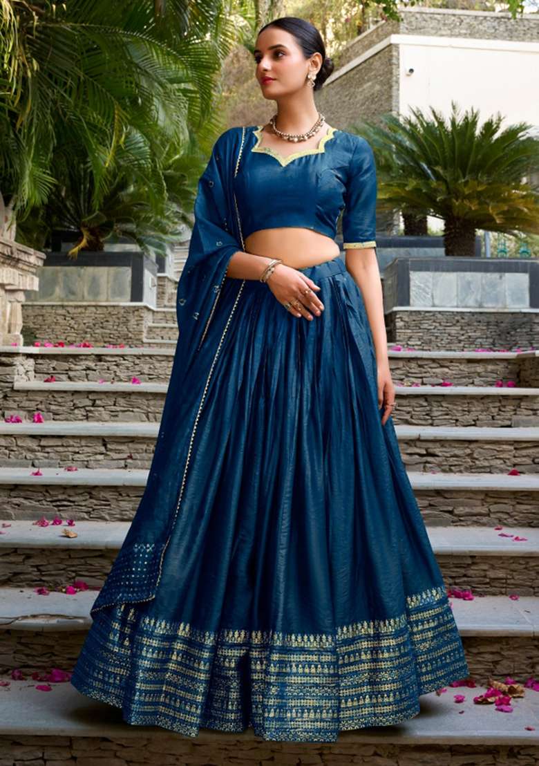 Navy Blue Embroidery Chanderi Lehenga Set for Diwali and Festive Wear - Indya