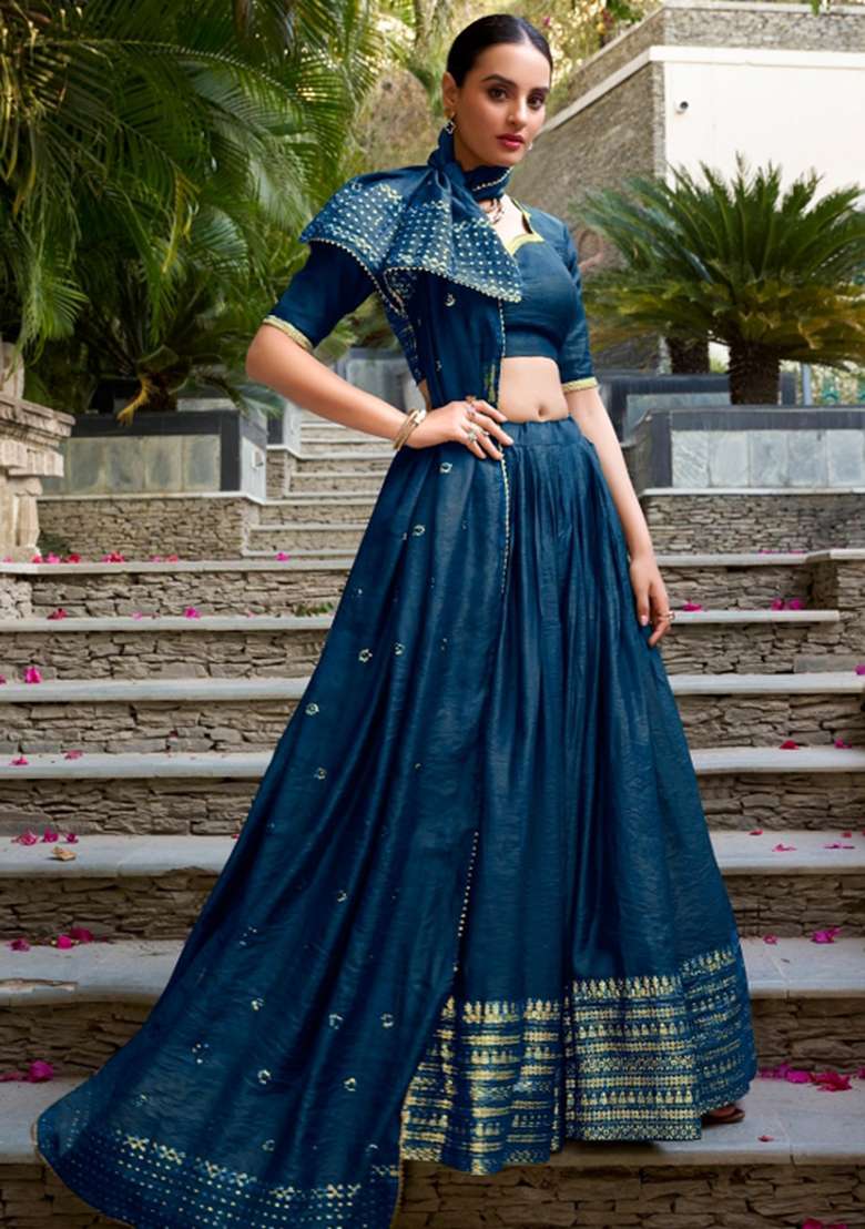 Navy Blue Embroidery Chanderi Lehenga Set for Diwali and Festive Wear - Indya