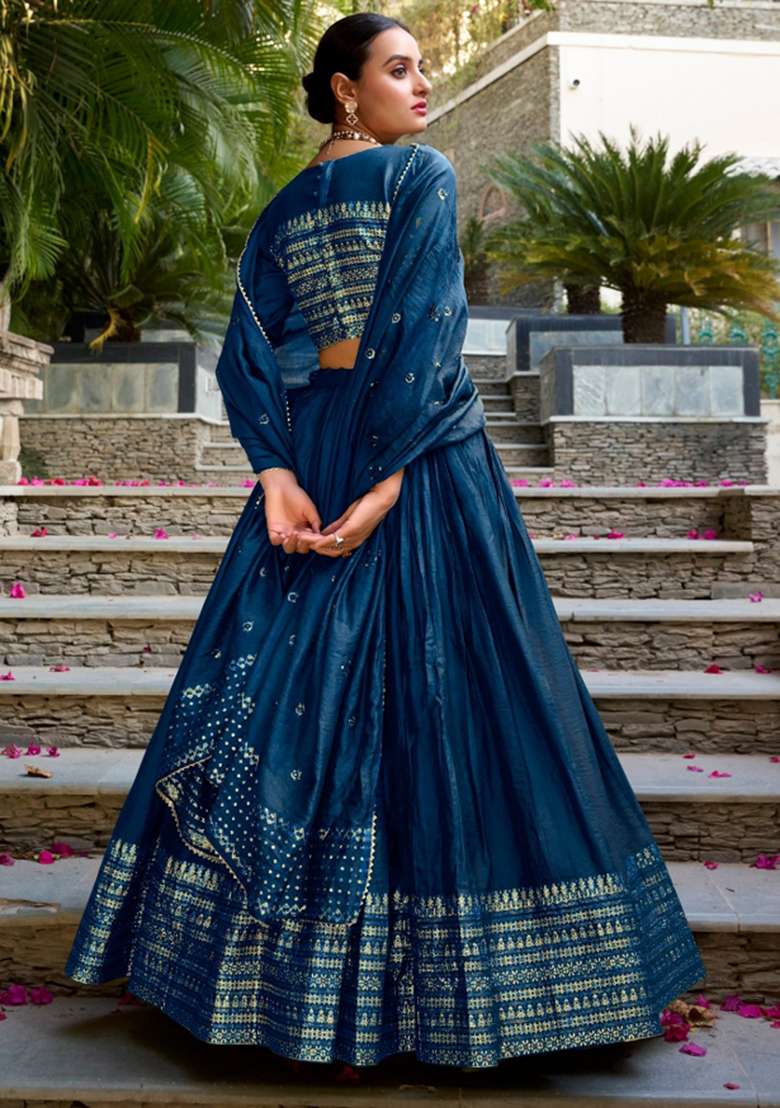 Navy Blue Embroidery Chanderi Lehenga Set for Diwali and Festive Wear - Indya