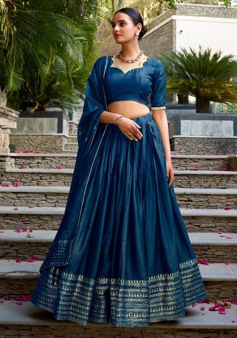 Navy Blue Embroidery Chanderi Lehenga Set