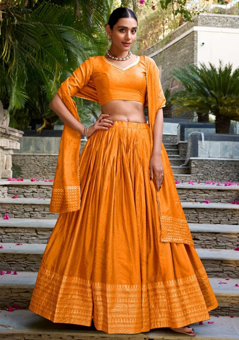 Orange Embroidery Chanderi Lehenga Set for Diwali and Festive Wear - Indya
