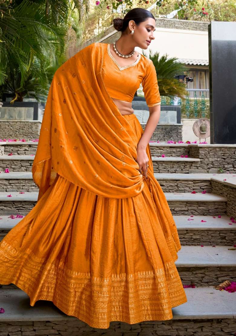 Orange Embroidery Chanderi Lehenga Set for Diwali and Festive Wear - Indya