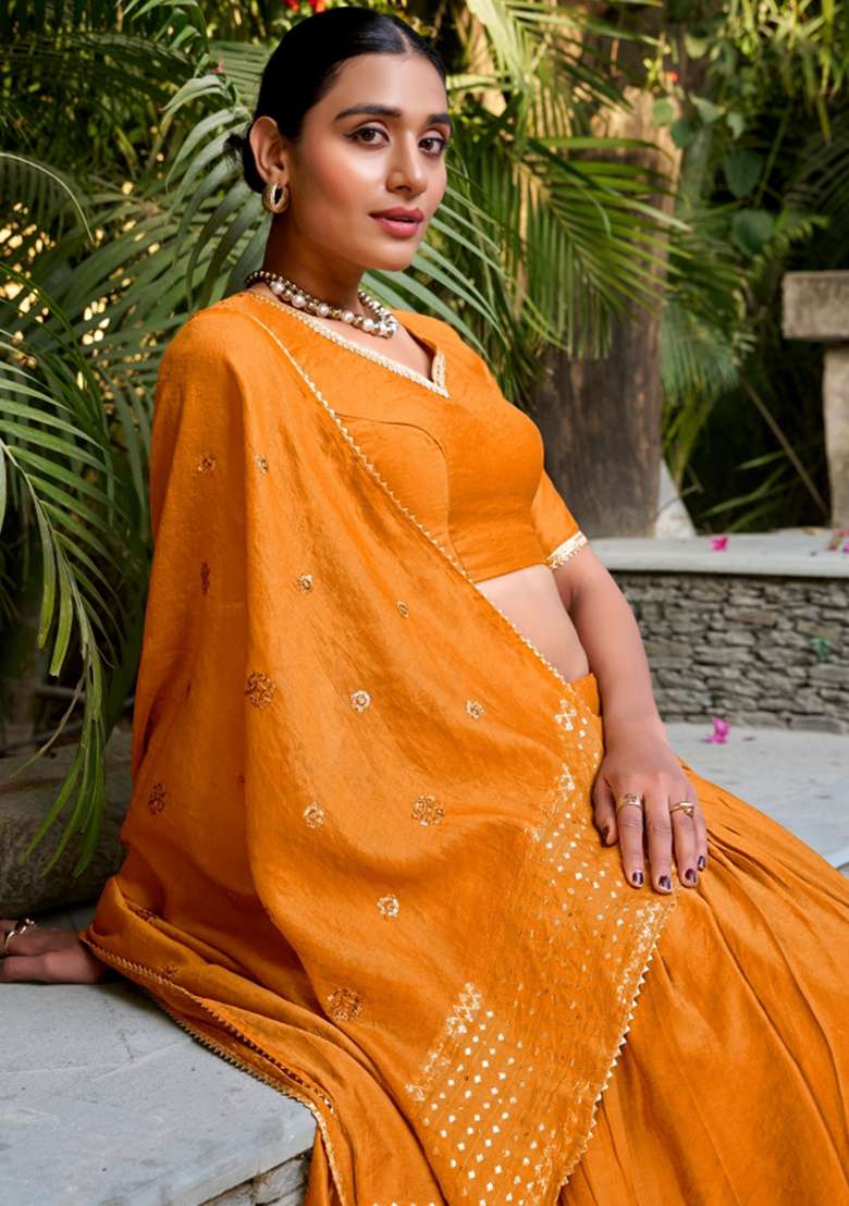 Orange Embroidery Chanderi Lehenga Set for Diwali and Festive Wear - Indya