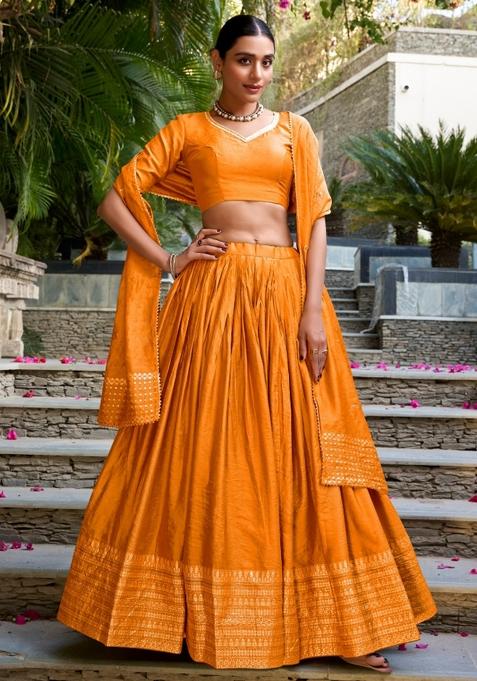 Orange Embroidery Chanderi Lehenga Set