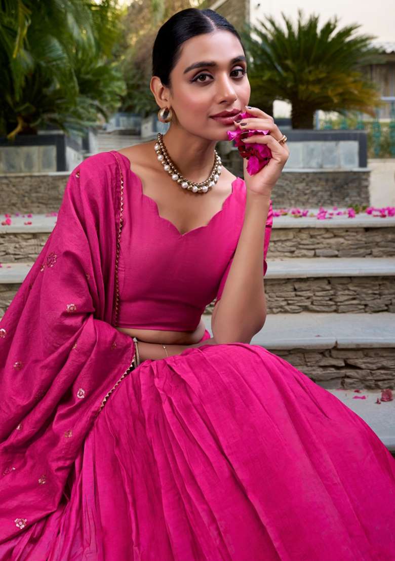 Pink Chanderi Lehenga Set with Embroidery for Diwali | Wedding & Festive Wear - Indya