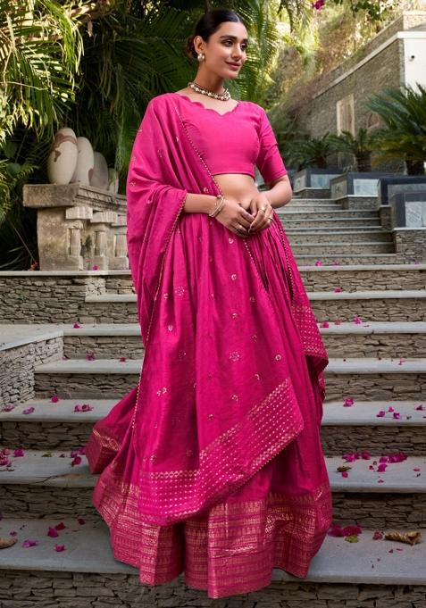 Pink Embroidery Chanderi Lehenga Set