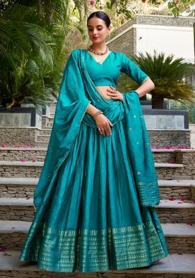 Sky Blue Embroidery Chanderi Lehenga Set