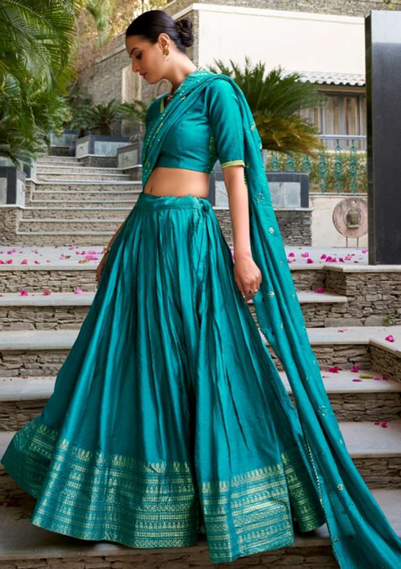 Sky Blue Chanderi Lehenga Set with Embroidery for Diwali | Wedding & Festive Wear - Indya