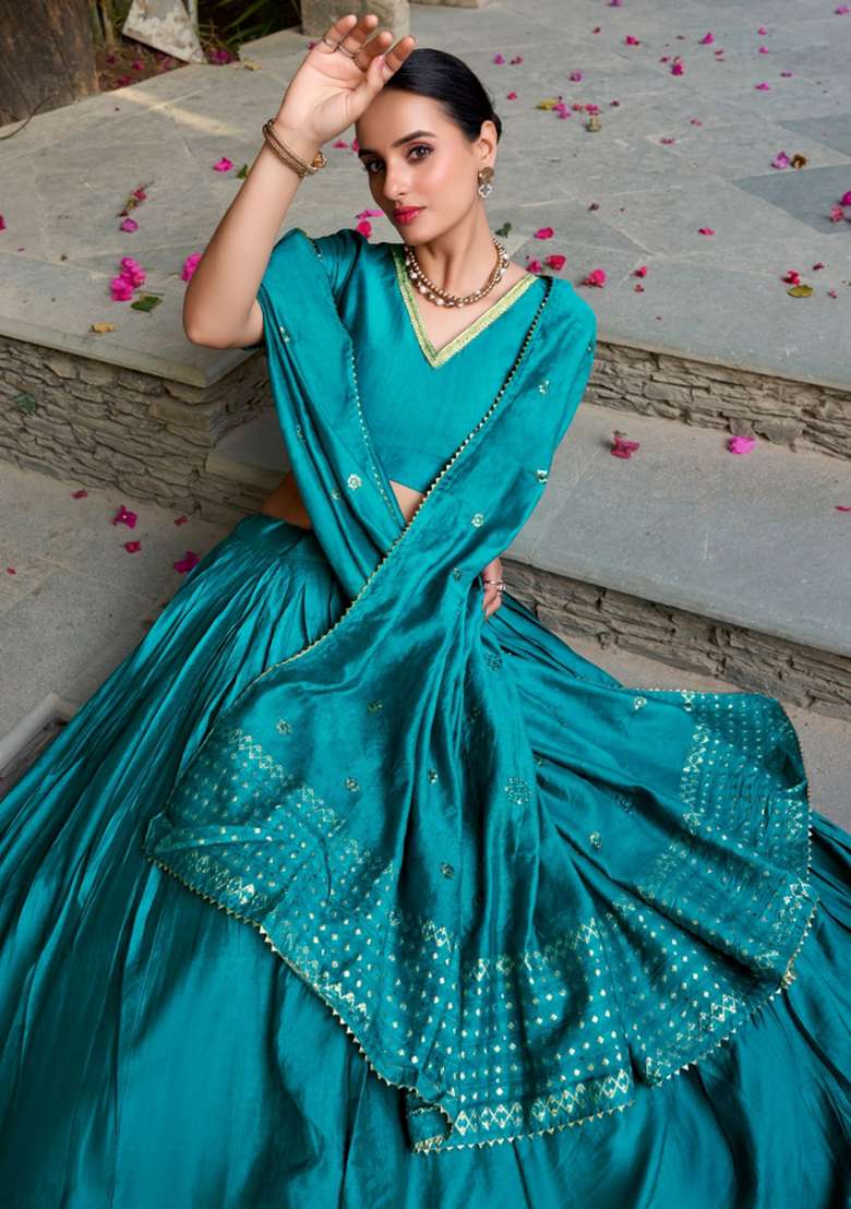 Sky Blue Chanderi Lehenga Set with Embroidery for Diwali | Wedding & Festive Wear - Indya