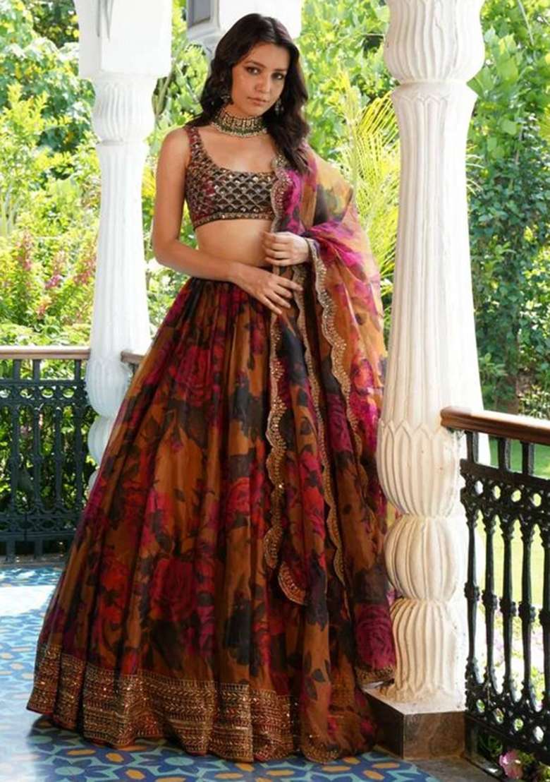 Orange Embroidery Organza Lehenga Set for Diwali and Festive Wear - Indya