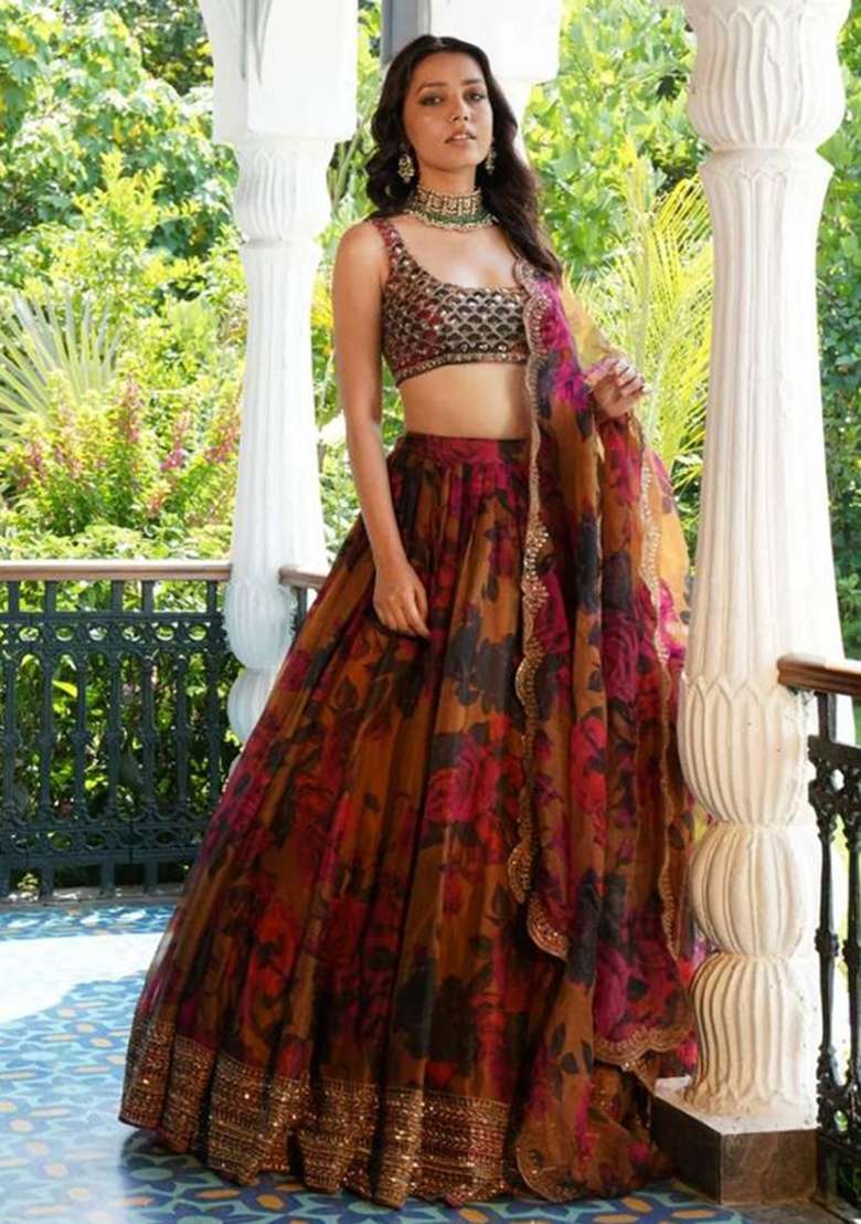 Orange Embroidery Organza Lehenga Set for Diwali and Festive Wear - Indya