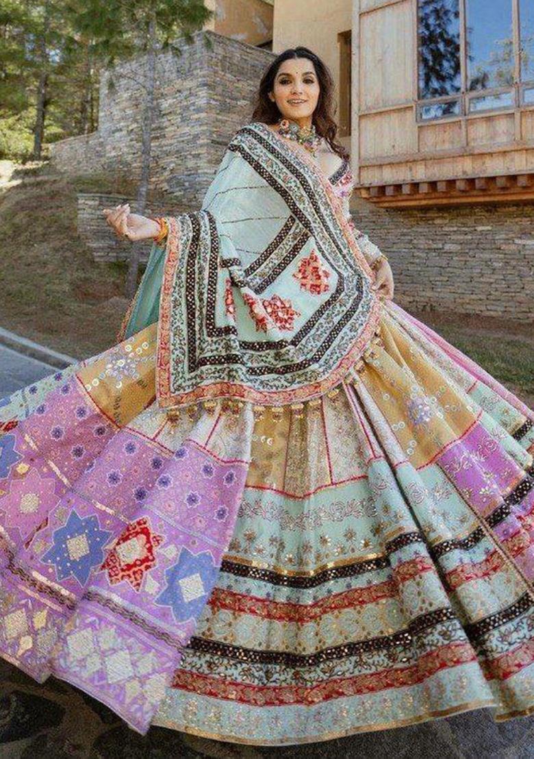 Multi Color Digital Print Silk Lehenga Set - Indya