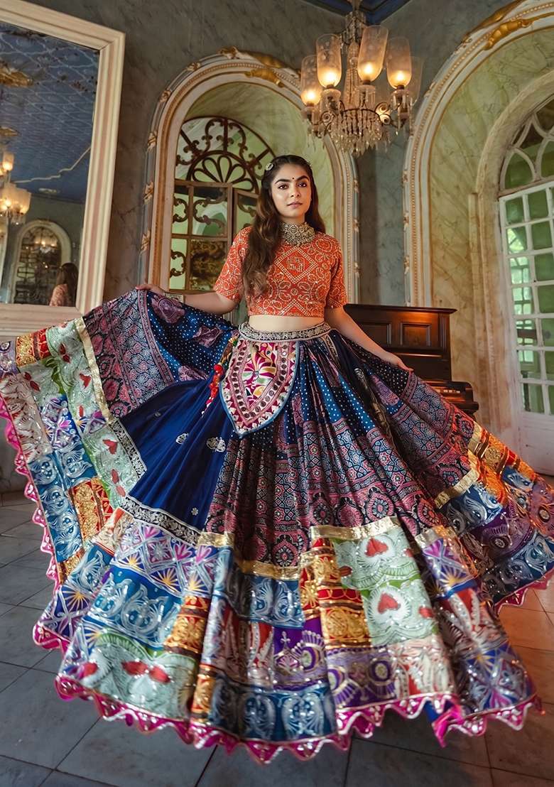 Multi Color Digital Print Silk Blend Chaniya Choli Set For Navratri And Garba for Diwali | Wedding & Festive Wear - Indya