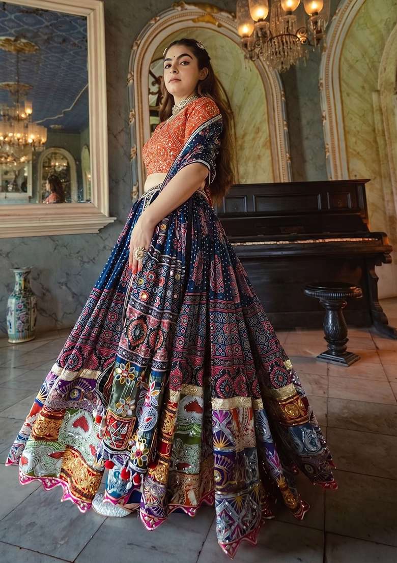 Multi Color Digital Print Silk Blend Chaniya Choli Set For Navratri And Garba for Diwali | Wedding & Festive Wear - Indya